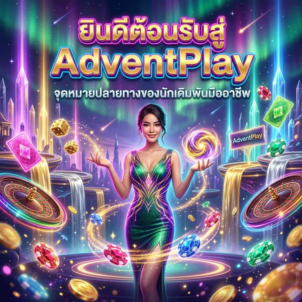 ภาพโปรโมท AdventPlay สี่เหลี่ยมจัตุรัส แสดงผู้นำเสนอหญิงเอเชียในชุดราตรีสีเขียวม่วงประกาย ยืนในโลกคาสิโนแฟนตาซี ล้อมรอบด้วยข้อความ "ยินดีต้อนรับสู่ AdventPlay จุดหมายปลายทางของนักเดิมพันมืออาชีพ" มีลูกเต๋าทอง ไพ่คริสตัล ชิปอัญมณีลอยอยู่ พื้นหลังเมืองแฟนตาซีสีทอง ม่วง ฟ้า แสงออโรร่า เหมาะสำหรับโฆษณาเกมเดิมพันออนไลน์