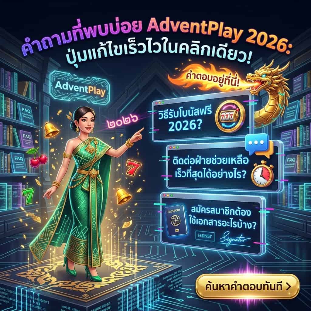 AdventPlay 2026 FAQ guide: คำถามที่พบบ่อยเกี่ยวกับโบนัสสล็อตและช่วยเหลือด่วนกับพรีเซนเตอร์หญิงไทยในห้องสมุดไซเบอร์ ข้อความ 'รับเครดิตฟรีไม่ต้องแชร์' แสงนีออนสไตล์ลายกระหนกดิจิทัล สำหรับชุมชนเกมเมอร์ไทย