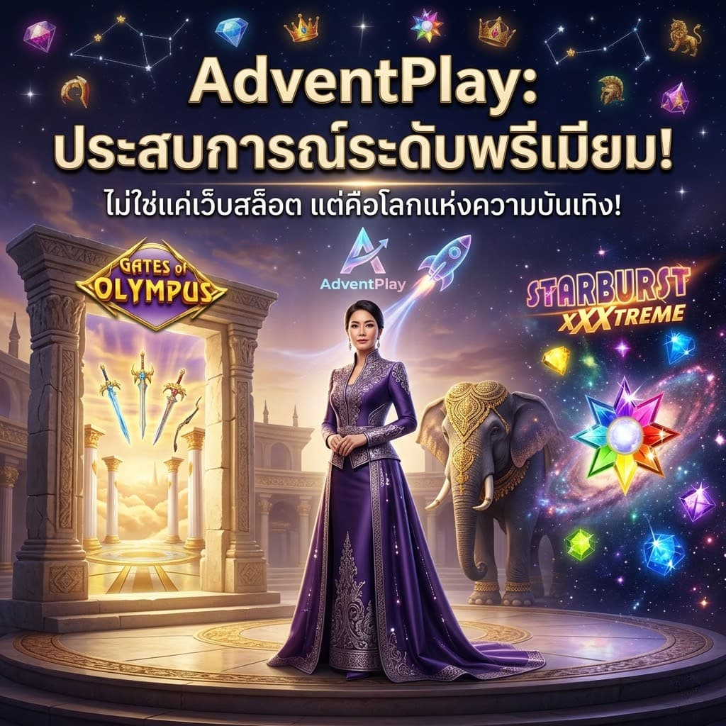 หญิงไทยในชุดวิจิตรนำเสนอ AdventPlay ประสบการณ์พรีเมียม ภาพประกอบรวม Gates of Olympus, Starburst XXXtreme และราชวงศ์ ข้อความไทยเน้นความบันดย์ระดับสูง เหมาะสำหรับผู้เล่นสล็อตที่ต้องการโลกแห่งเกมอันเลิศเลอ