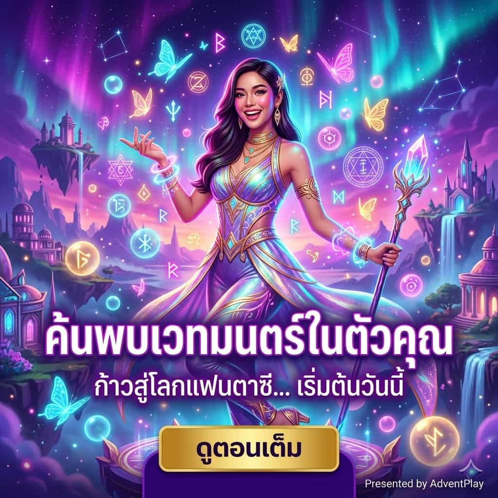 ผู้หญิงเอเชียในชุดแฟนตาซีสมัยใหม่ยืนถ่ายภาพกลางฉากเมืองลอยและแสงนีออน มีกลีบบัตเตอร์ฟลายเรืองแสง สัญลักษณ์เวทมนตร์ลอยในอากาศ ข้อความไทยโดดเด่นว่า "ค้นพบเวทมนตร์ในตัวคุณ" พร้อมปุ่ม CTA "ดูตอนเต็ม" — โปสเตอร์สไตล์นีออนแฟนตาซีสีสันจัด เหมาะสำหรับโพสต์โซเชียลและโฆษณาดึงดูดความสนใจ