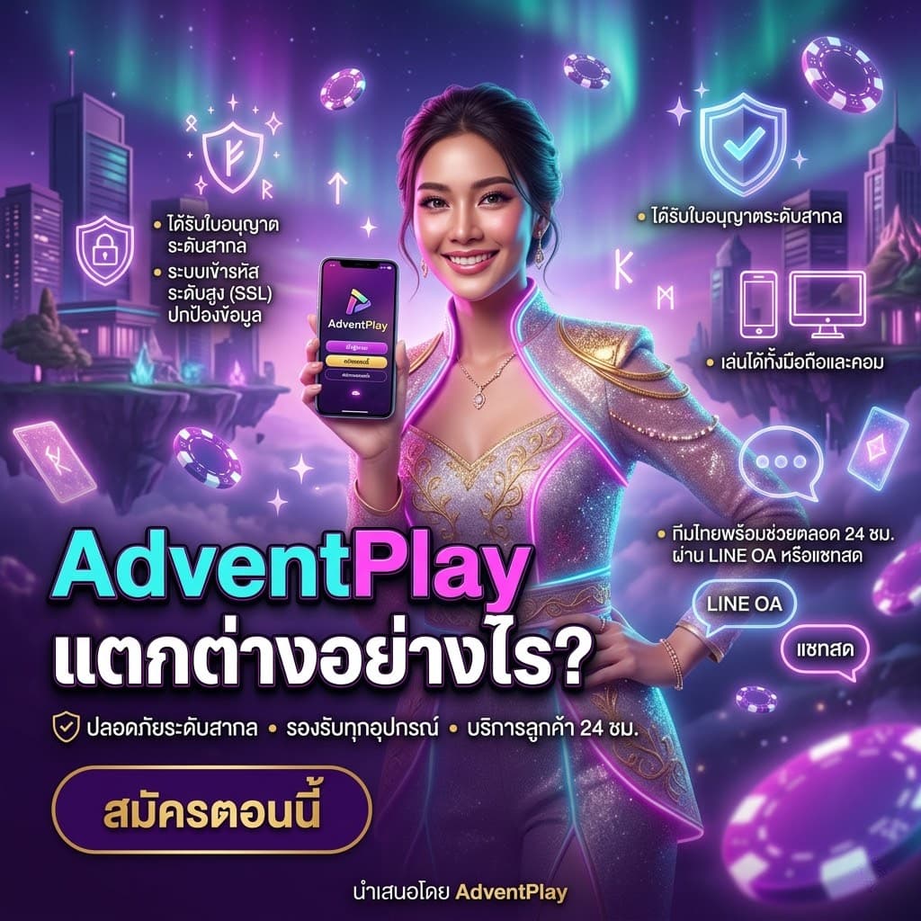 ผู้หญิงเอเชียใส่ชุดแฟนตาซียืนถือสมาร์ทโฟนเผยอินเทอร์เฟซ AdventPlay กลางฉากเมืองลอยและแสงนีออน มีชิพคาสิโนโฮโลแกรมไอคอนความปลอดภัยและสัญลักษณ์รองรับมือถือ ข้อความไทยเด่นว่า "AdventPlay แตกต่างอย่างไร?" พร้อมจุดเด่นความปลอดภัยระดับสากล ระบบเข้ารหัส (SSL) รองรับทุกอุปกรณ์ และบริการลูกค้า 24 ชม. ผ่าน LINE OA และแชทสด — โปสเตอร์โซเชียลสีสันจัด สไตล์นีออนแฟนตาซี เหมาะสำหรับโฆษณาและโพสต์โปรโมท AdventPlay