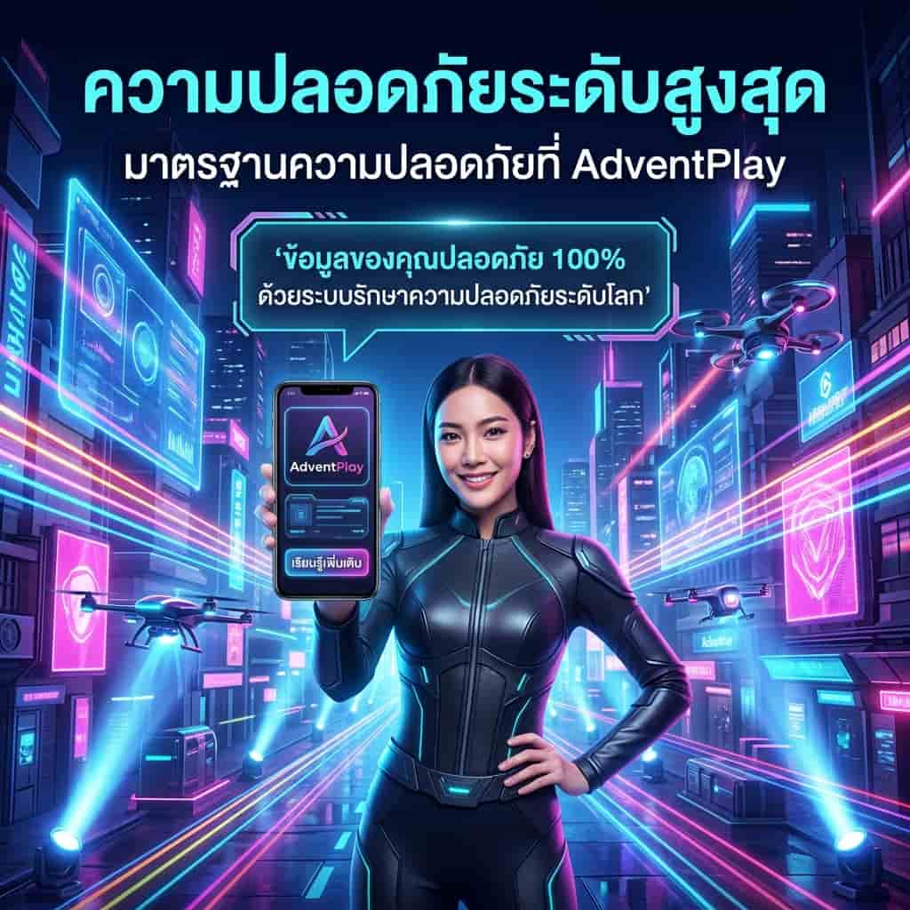 This image portrays a futuristic cityscape with a confident female presenter showcasing AdventPlay's commitment to maximum security. It highlights key features like SSL encryption, 2FA authentication, ISO 27001 certification, and 24/7 security monitoring. The vibrant cyberpunk aesthetic emphasizes AdventPlay's dedication to providing a safe and secure experience for its users.