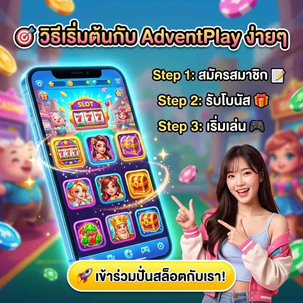 This image depicts a vibrant mobile game interface showcasing the ease of starting with AdventPlay. It highlights three simple steps: registration, receiving a bonus, and starting to play. A friendly female presenter encourages viewers to join in the fun and start spinning the slots. The image embodies a playful and enticing aesthetic, emphasizing the accessibility and enjoyment of the AdventPlay experience.