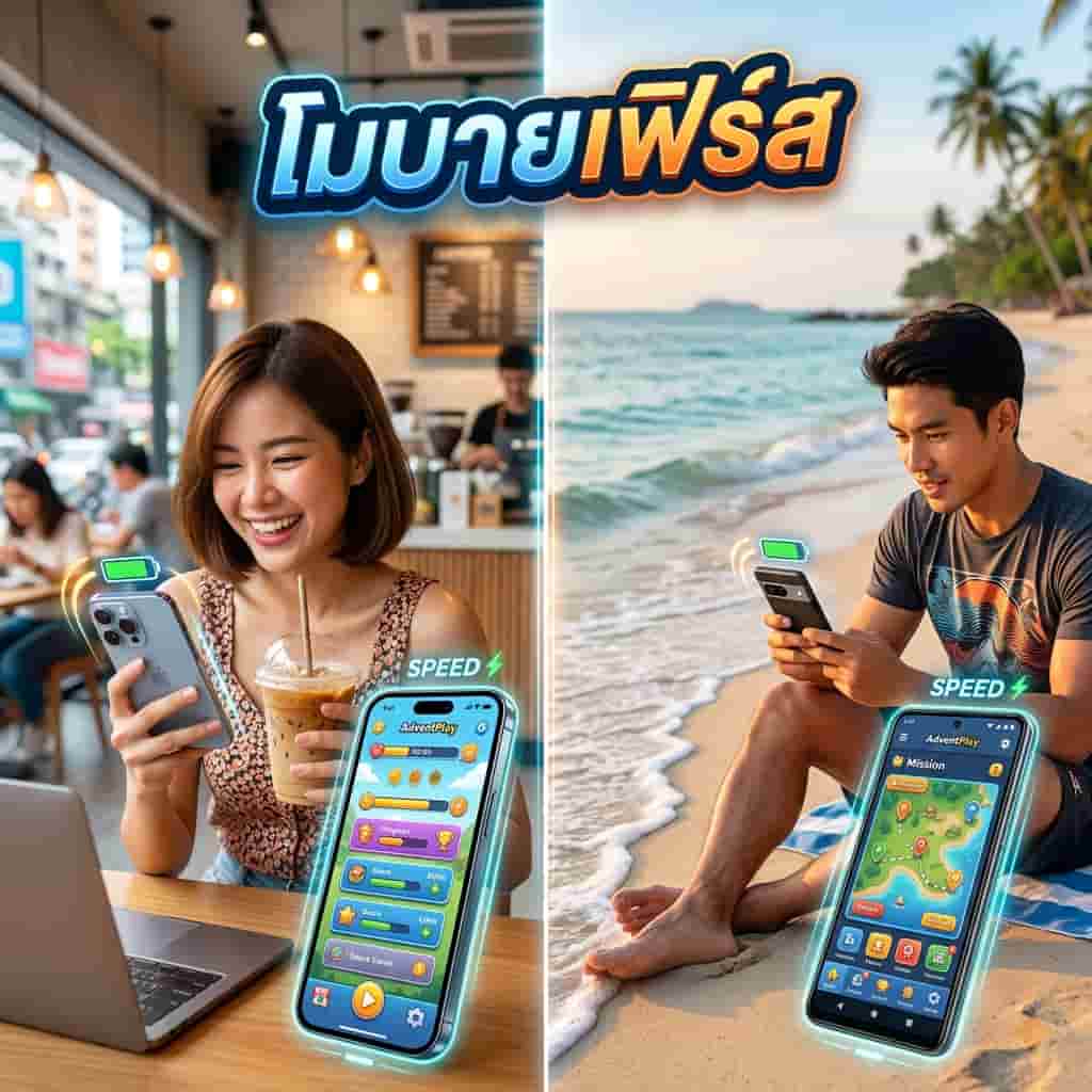A split-screen image showing the AdventPlay app running smoothly on both iOS and Android devices. It highlights the app's mobile-first design, emphasizing speed, battery conservation, and the ability to play even on slower connections.