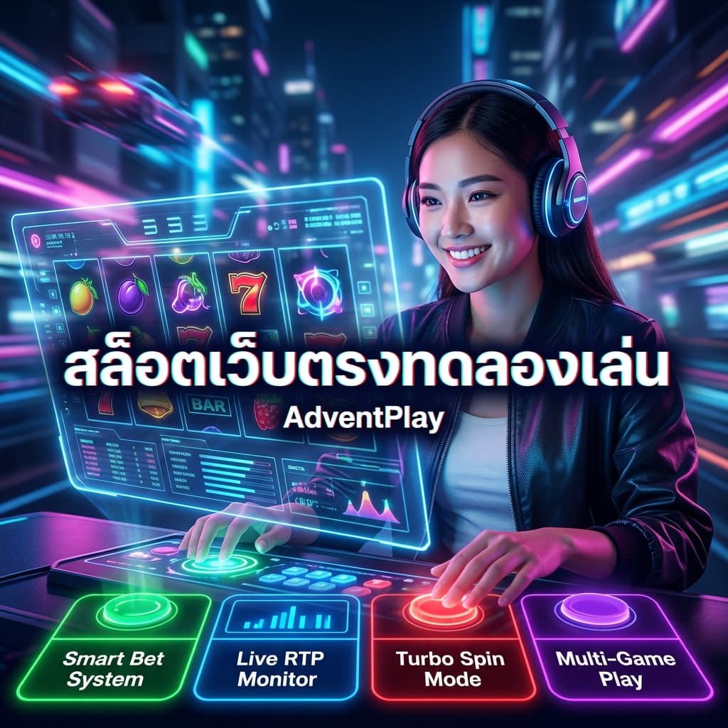 A young woman wearing headphones intensely engages with an immersive, futuristic slot game interface. The display showcases exciting features like "Smart Bet System," "Live RTP Monitor," " Turbo Spin Mode," and "Multi-Game Play" with glowing controls. A vibrant cyberpunk cityscape in the background emphasizes the cutting-edge gaming experience offered by AdventPlay.