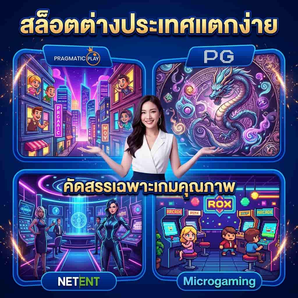 A collage image showcasing diverse and visually striking online slot games from top international providers like Pragmatic Play, PG Soft, NetEnt, and Microgaming, hosted on the AdventPlay platform. Text in Thai reads: "International Slots, Easily Breakable. Curated Collection of Quality Games".