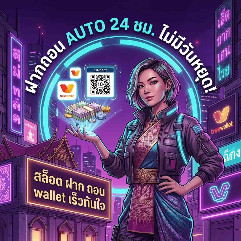 A stylish woman in a futuristic cyberpunk cityscape displays a holographic interface showcasing True Wallet and quick transfer options. Text in Thai reads: "24hr automatic deposits and withdrawals, no holidays!" and "Fast and convenient slot deposits and withdrawals with True Wallet."